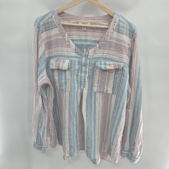 Style & Co White Pastel Stripes Popover Cotton/Linen Blend Buttons Shirt XXL - Picture 1 of 13